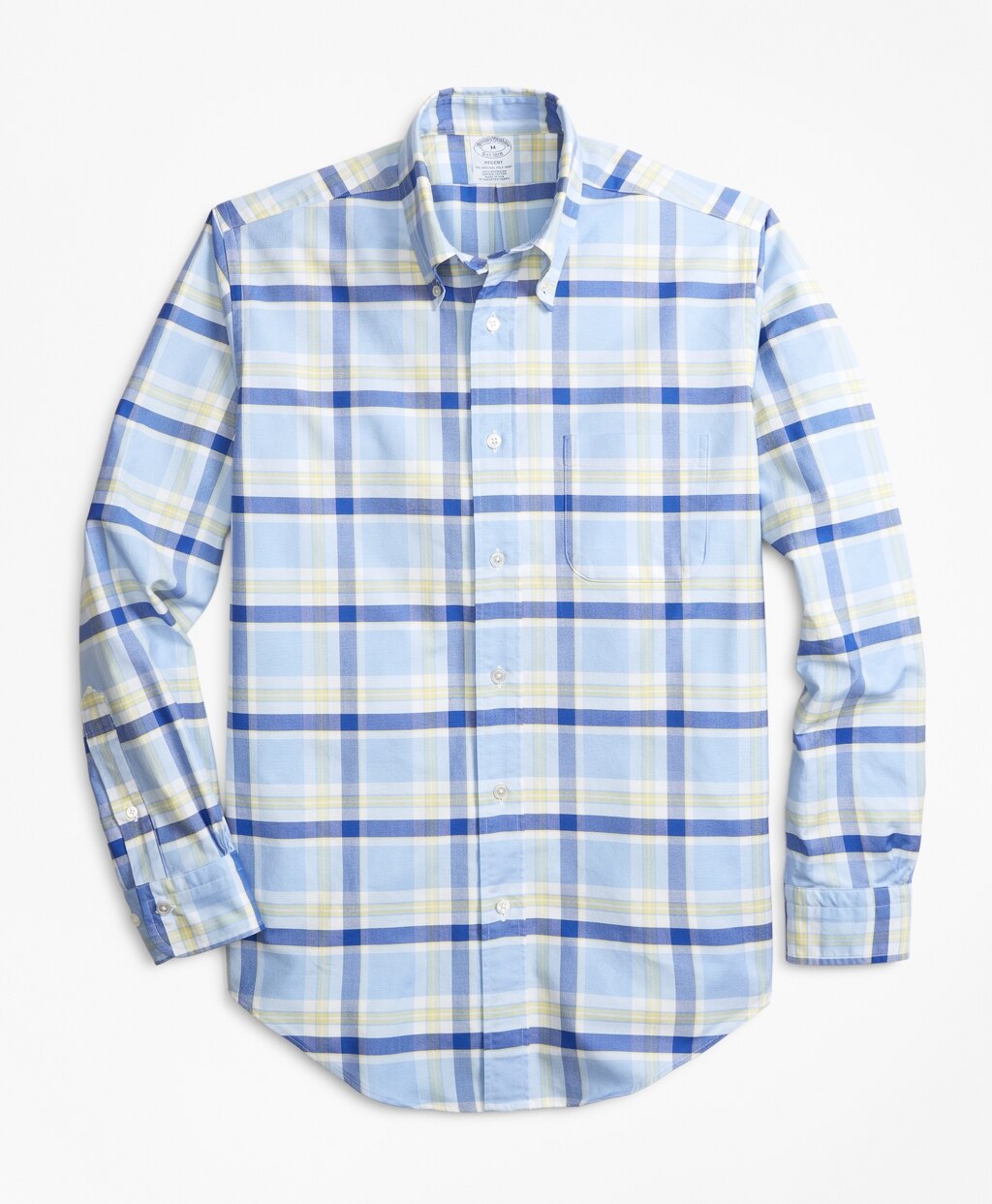 Brooks Brothers Men Regent Fit Oxford Blue and Yellow Plaid Sport Shirt