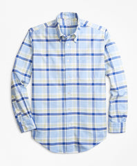 Brooks Brothers Men Regent Fit Oxford Blue and Yellow Plaid Sport Shirt