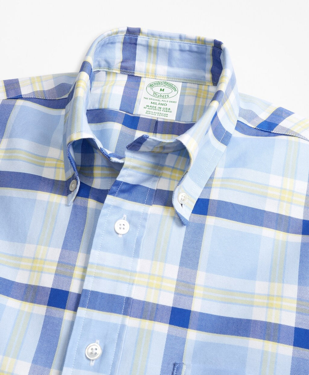Brooks Brothers Men Milano Fit Oxford Blue and Yellow Plaid Sport Shirt