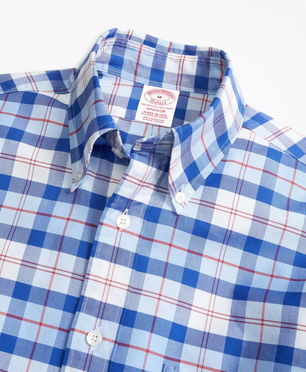 Brooks Brothers Men Madison Fit Oxford Blue and Red Plaid Sport Shirt