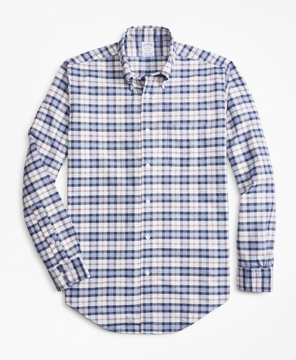 Brooks Brothers Men Regent Fit Oxford Blue and Red Plaid Sport Shirt