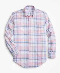 Brooks Brothers Men Regent Fit Oxford Pink and Blue Plaid Sport Shirt