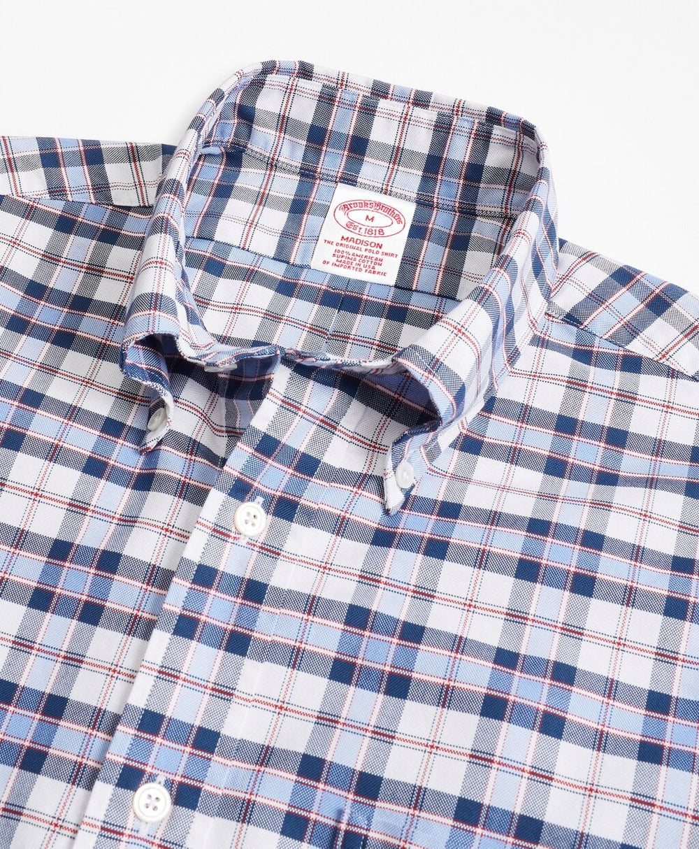 Brooks Brothers Men Madison Fit Oxford Blue and Red Plaid Sport Shirt