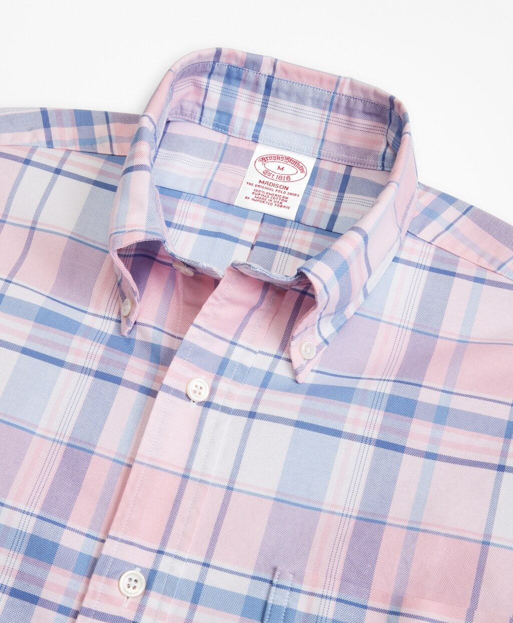 Brooks Brothers Men Madison Fit Oxford Pink and Blue Plaid Sport Shirt