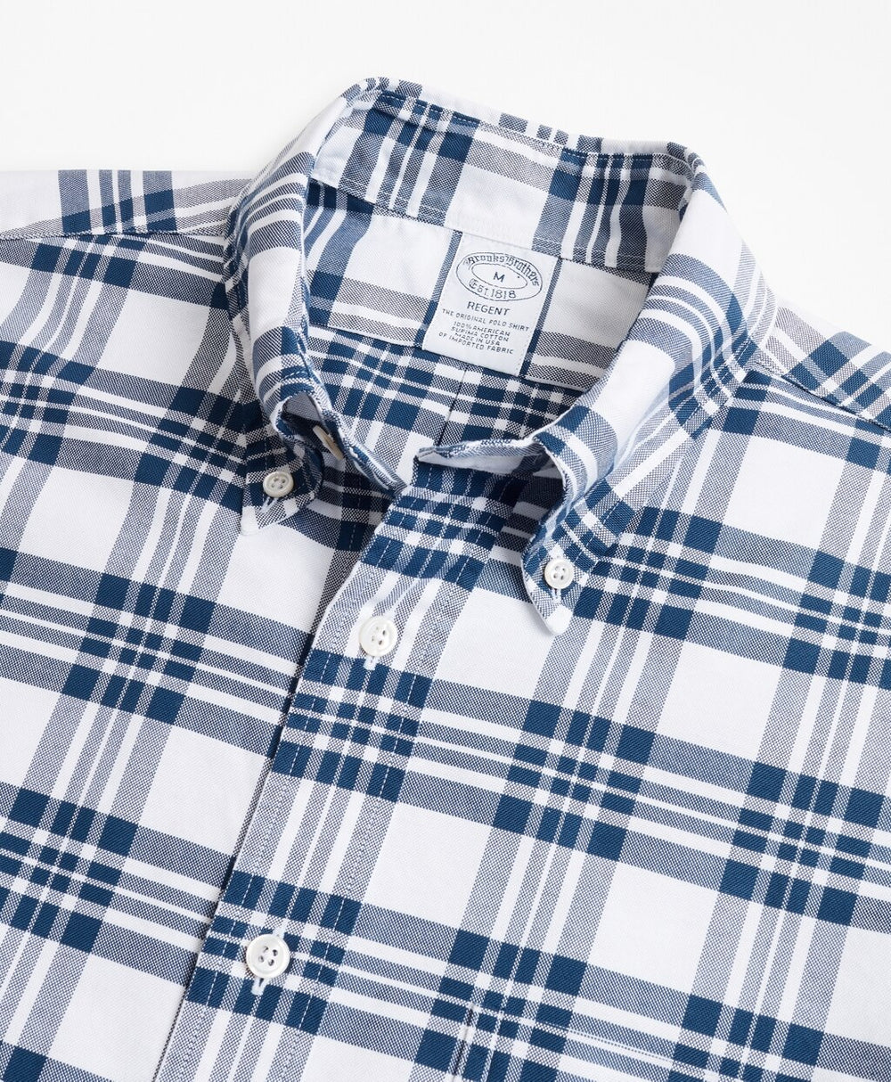 Brooks Brothers Men Regent Fit Oxford Blue and White Plaid Sport Shirt
