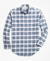 Brooks Brothers Men Milano Fit Oxford Blue and White Plaid Sport Shirt