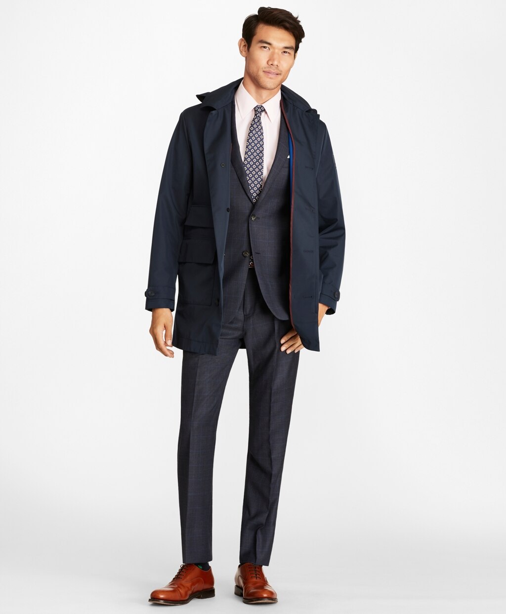 Brooks Brothers Men Water-Repellent Hooded Trench Coat