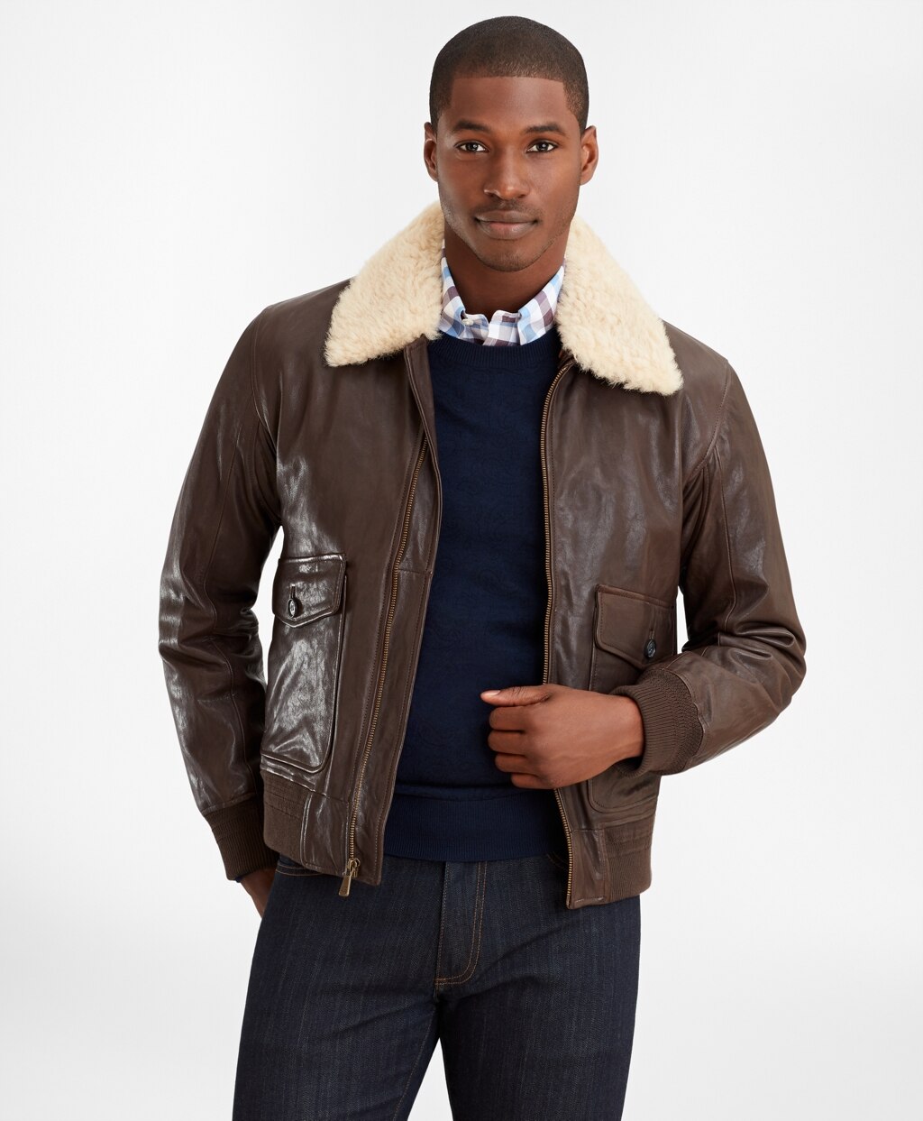 Brooks Brothers Men Leather Aviator Jacket