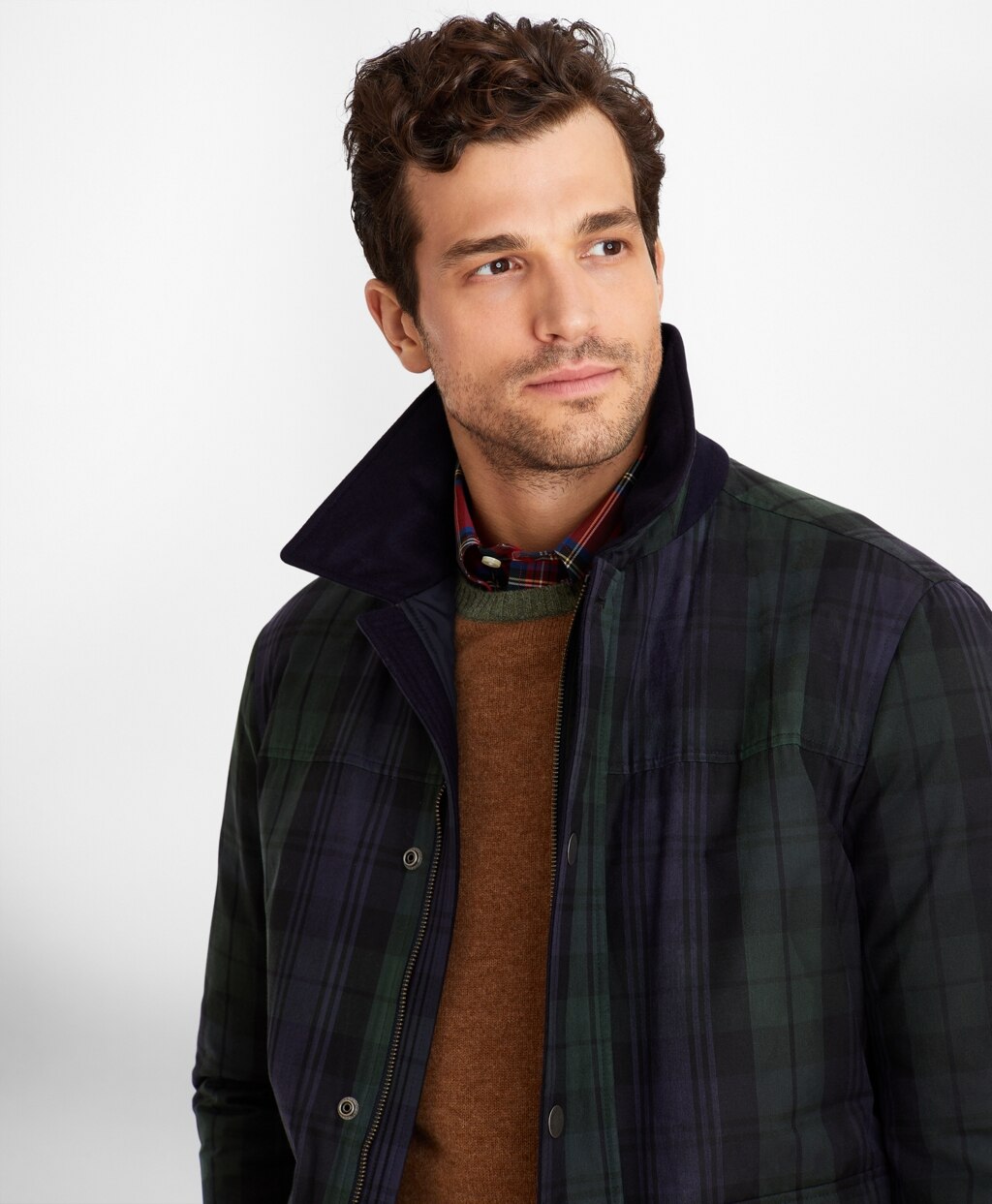Brooks Brothers Men Black Watch Tartan Waxed Cotton Barn Coat