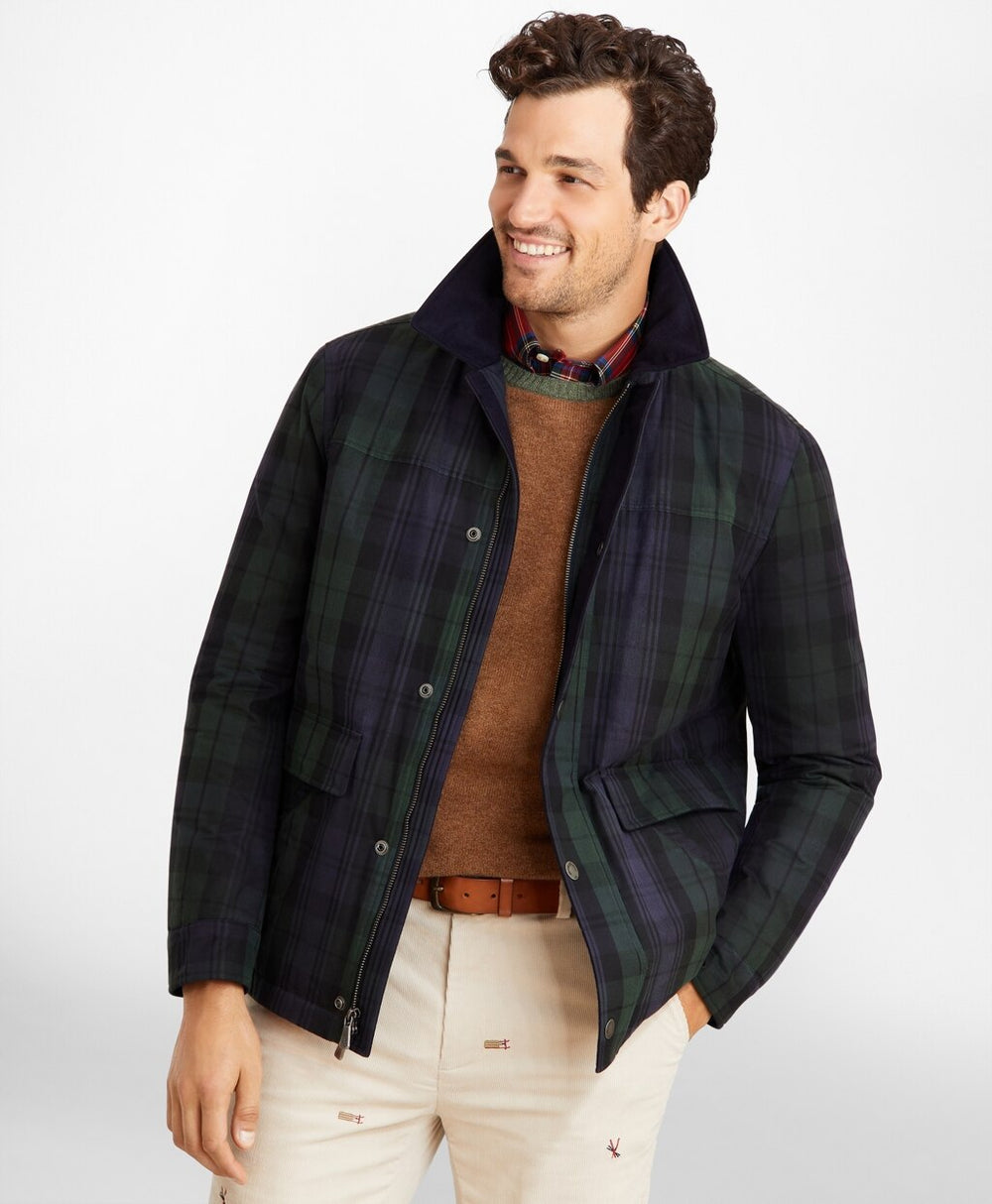 Brooks Brothers Men Black Watch Tartan Waxed Cotton Barn Coat