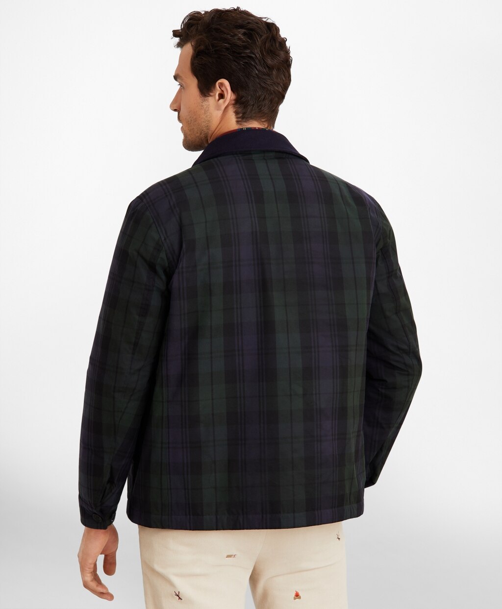 Brooks Brothers Men Black Watch Tartan Waxed Cotton Barn Coat