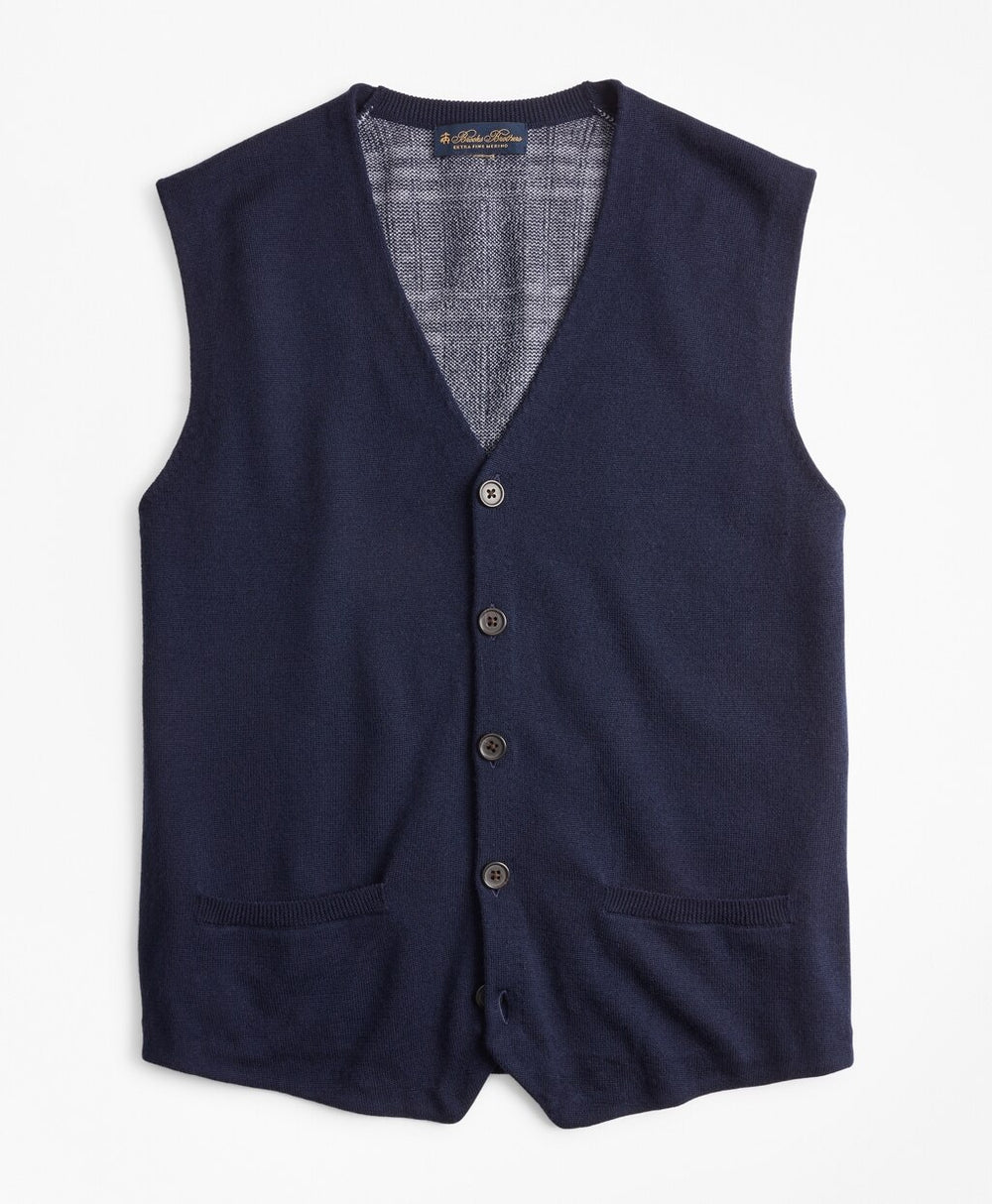 Brooks Brothers Men Washable Merino Wool Plaid Back Waistcoat