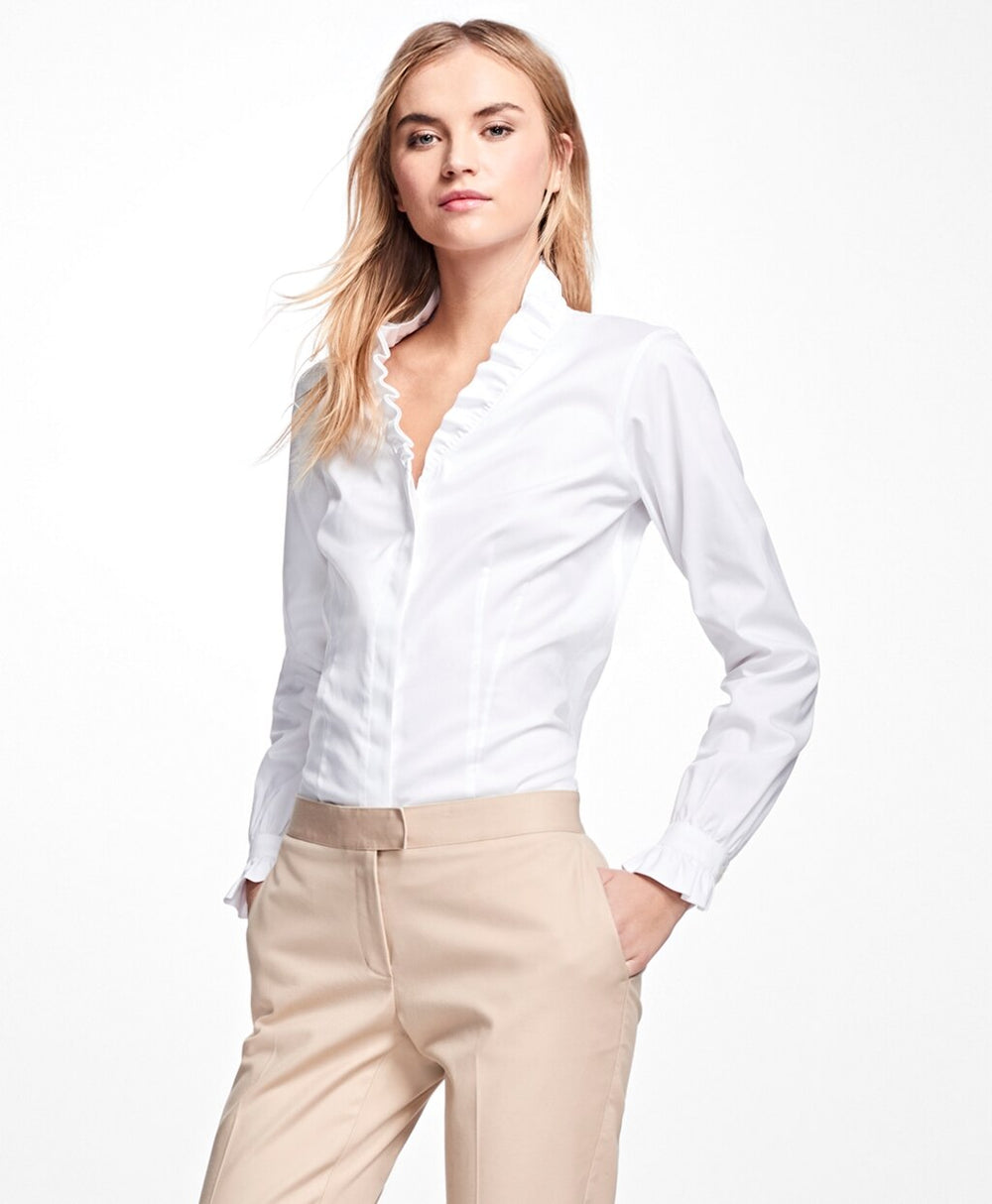 Brooks Brothers Women Petite Non-Iron Ruffle Pinpoint Oxford Dress Shirt