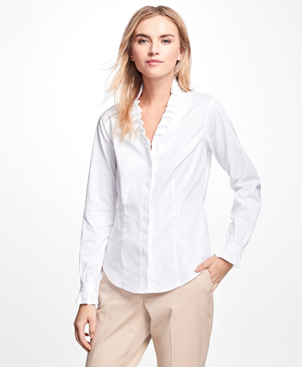 Brooks Brothers Women Petite Non-Iron Ruffle Pinpoint Oxford Dress Shirt