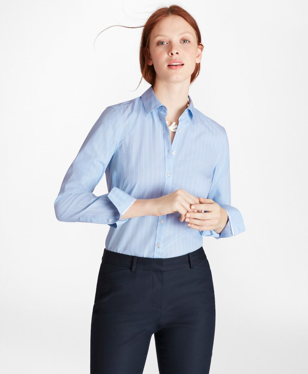 Brooks Brothers Women Petite Non-Iron Wide-Striped Stretch-Cotton Poplin Fitted Shirt