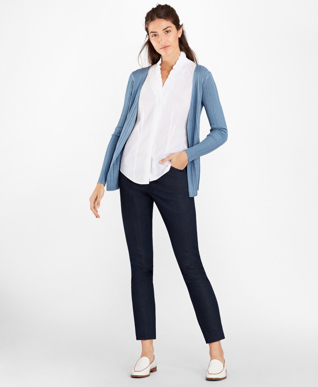 Brooks Brothers Women Petite Non-Iron Supima® Cotton Dobby Ruffle-Collar Sleeveless Blouse