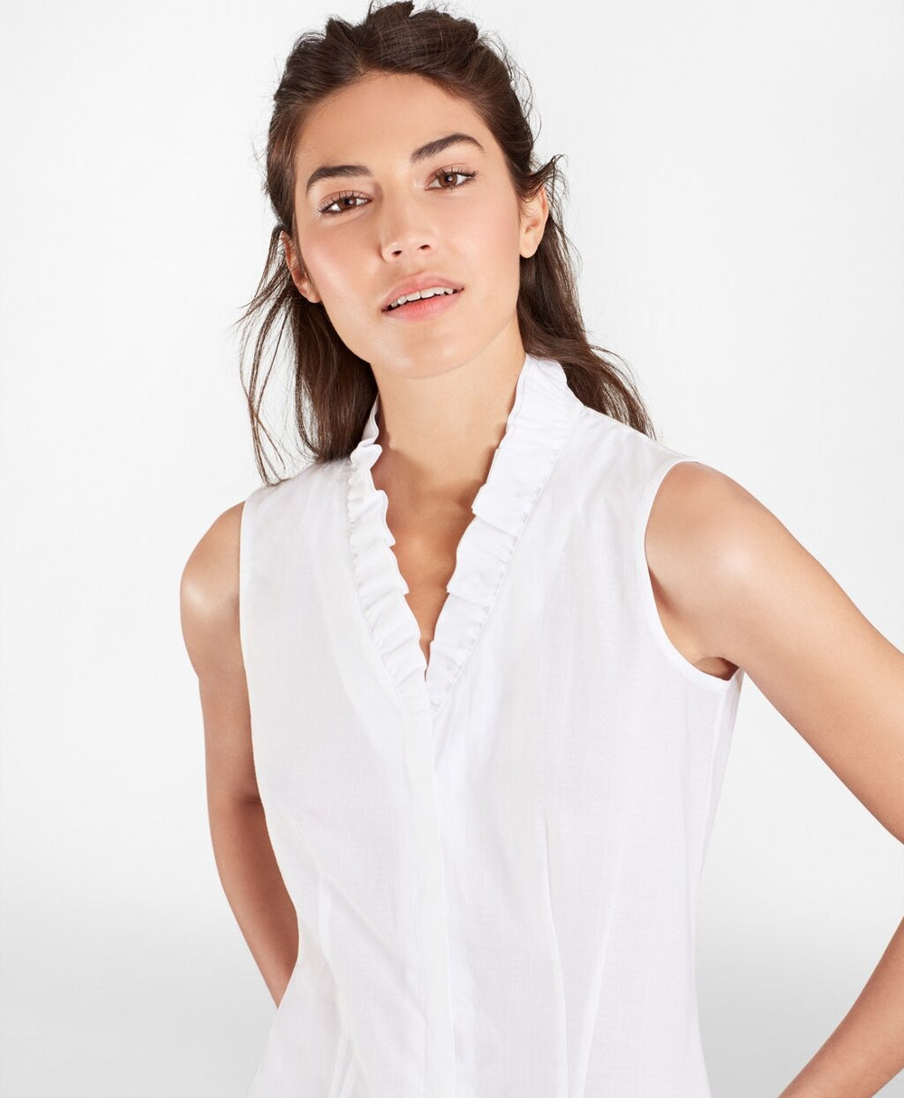 Brooks Brothers Women Petite Non-Iron Supima® Cotton Dobby Ruffle-Collar Sleeveless Blouse