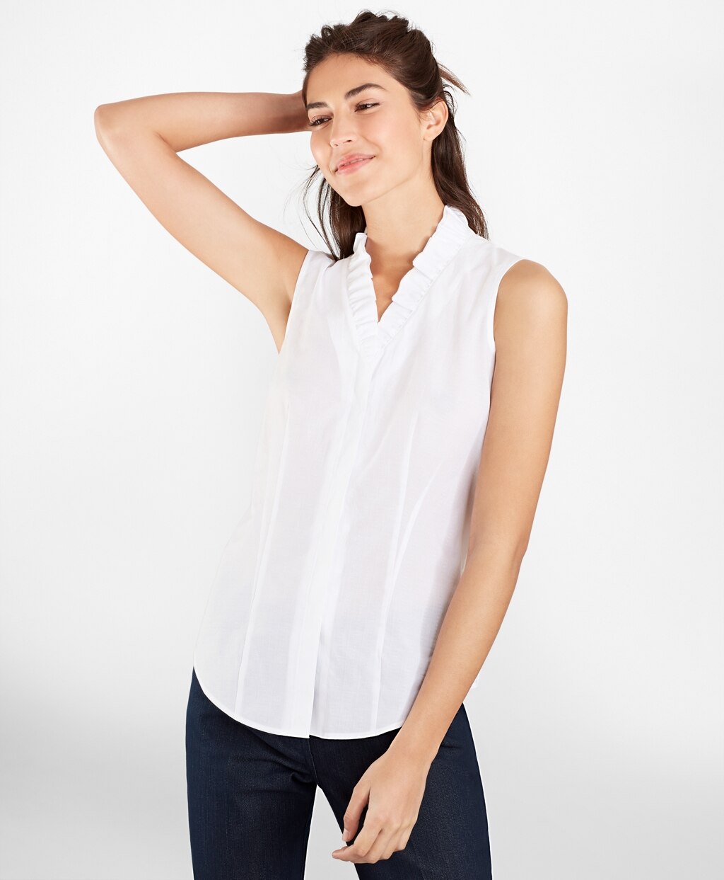 Brooks Brothers Women Petite Non-Iron Supima® Cotton Dobby Ruffle-Collar Sleeveless Blouse