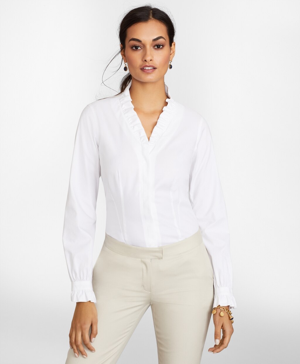 Brooks Brothers Women Petite Non-Iron Stretch Supima® Cotton Ruffle Pinpoint Oxford Dress Shirt