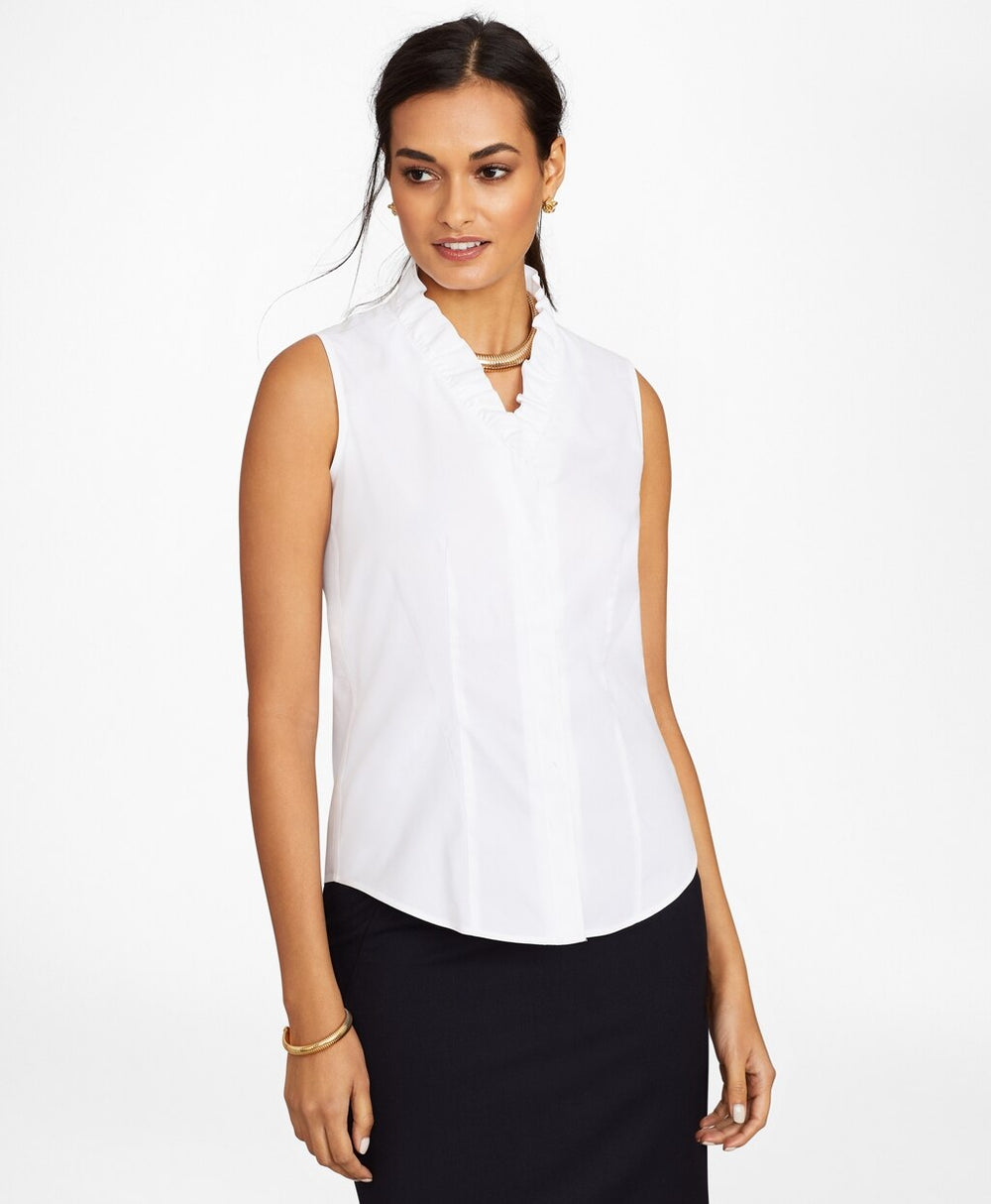 Brooks Brothers Women Petite Non-Iron Stretch Supima® Cotton Sleeveless Ruffled Blouse