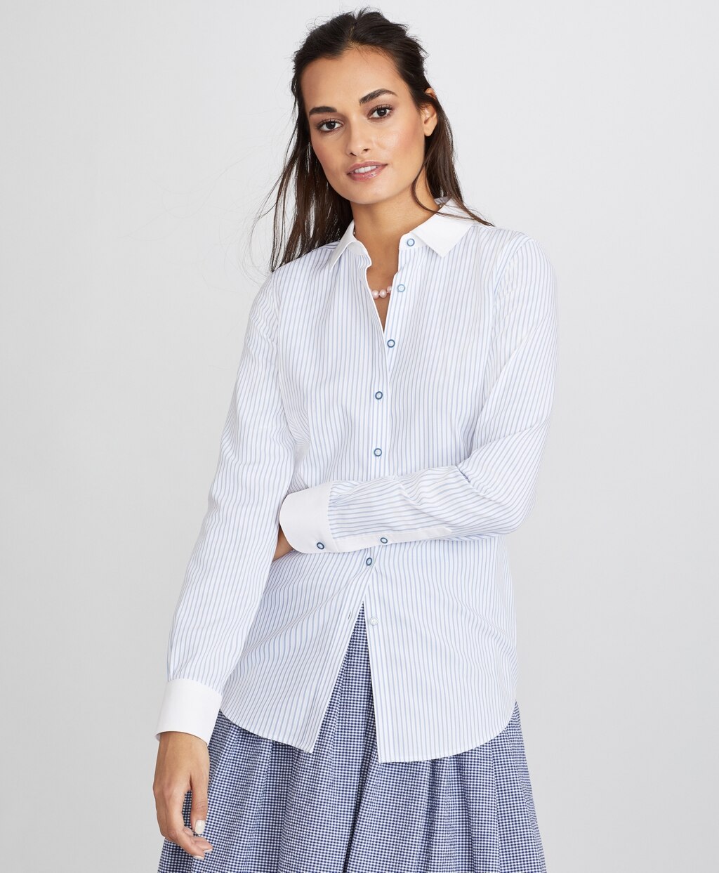 Brooks Brothers Women Petite Non-Iron Striped Supima® Cotton Dobby Contrast-Collar Fitted Shirt