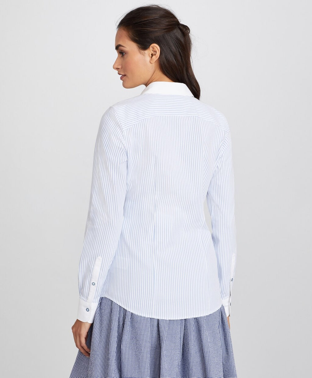 Brooks Brothers Women Petite Non-Iron Striped Supima® Cotton Dobby Contrast-Collar Fitted Shirt