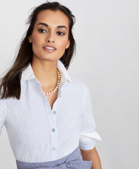 Brooks Brothers Women Petite Non-Iron Striped Supima® Cotton Dobby Contrast-Collar Fitted Shirt