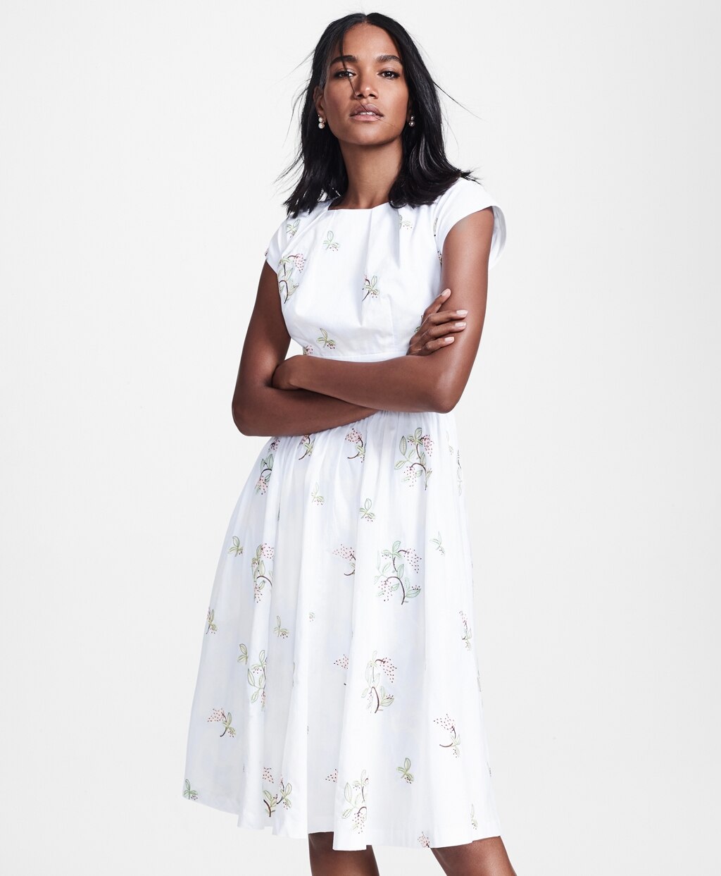 Brooks Brothers Women Petite Floral-Embroidered Plaid Jacquard Cotton Dress