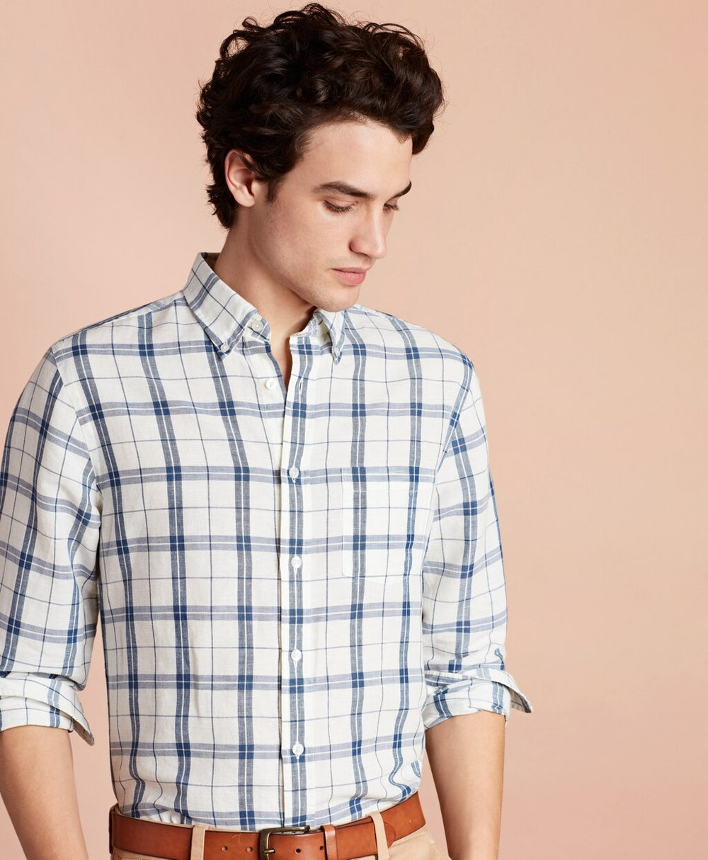 Brooks Brothers Men Plaid Linen-Blend Sport Shirt