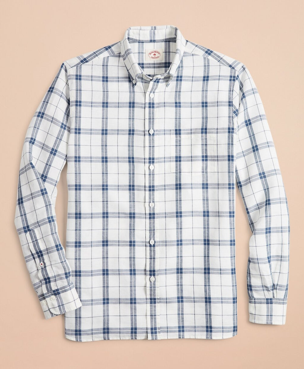 Brooks Brothers Men Plaid Linen-Blend Sport Shirt