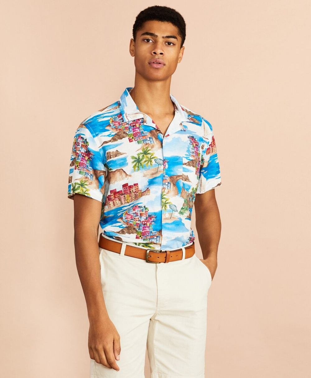 Brooks Brothers Men Coastal-Print Linen-Cotton Camp Collar Short-Sleeve Shirt
