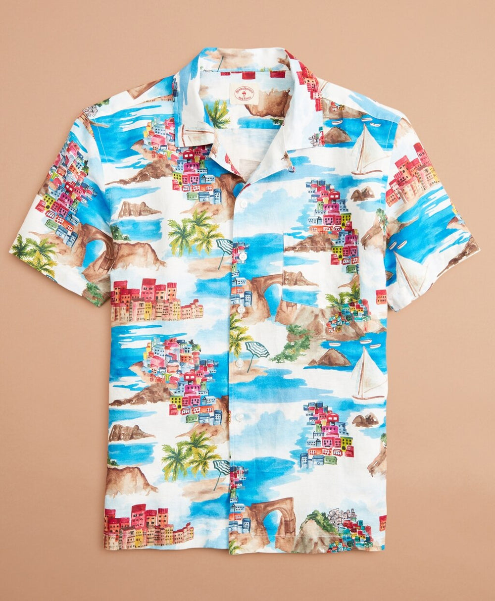 Brooks Brothers Men Coastal-Print Linen-Cotton Camp Collar Short-Sleeve Shirt