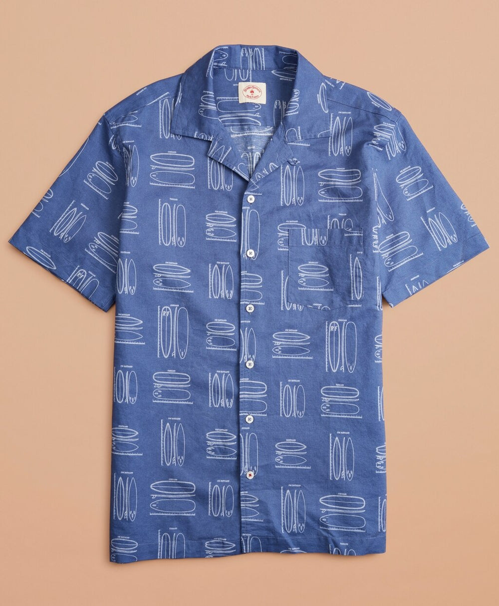 Brooks Brothers Men Surfboard-Print Linen-Cotton Camp Collar Short-Sleeve Shirt