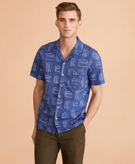 Brooks Brothers Men Surfboard-Print Linen-Cotton Camp Collar Short-Sleeve Shirt