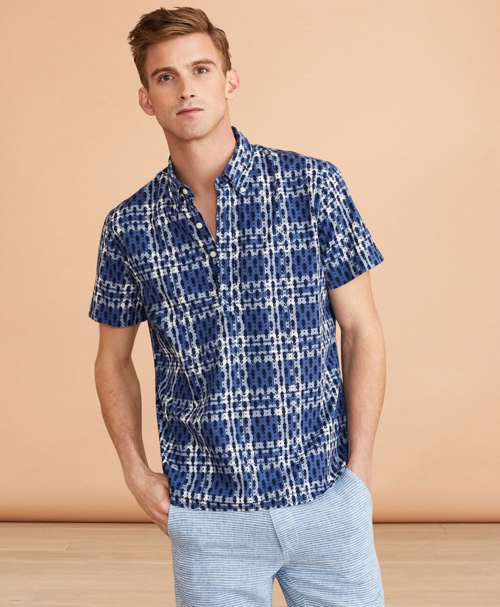 Brooks Brothers Men Seahorse-Print Madras Popover Shirt Short-Sleeve