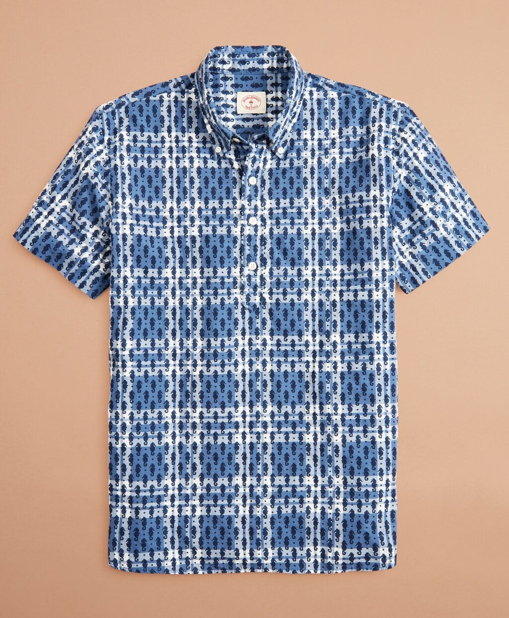 Brooks Brothers Men Seahorse-Print Madras Popover Shirt Short-Sleeve