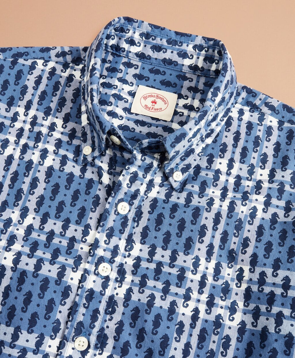 Brooks Brothers Men Seahorse-Print Madras Popover Shirt Short-Sleeve