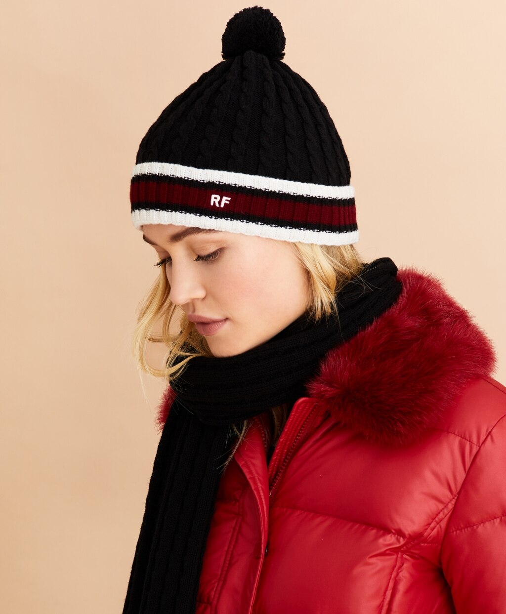 Brooks Brothers Women Striped Cable-Knit Wool-Cotton Hat