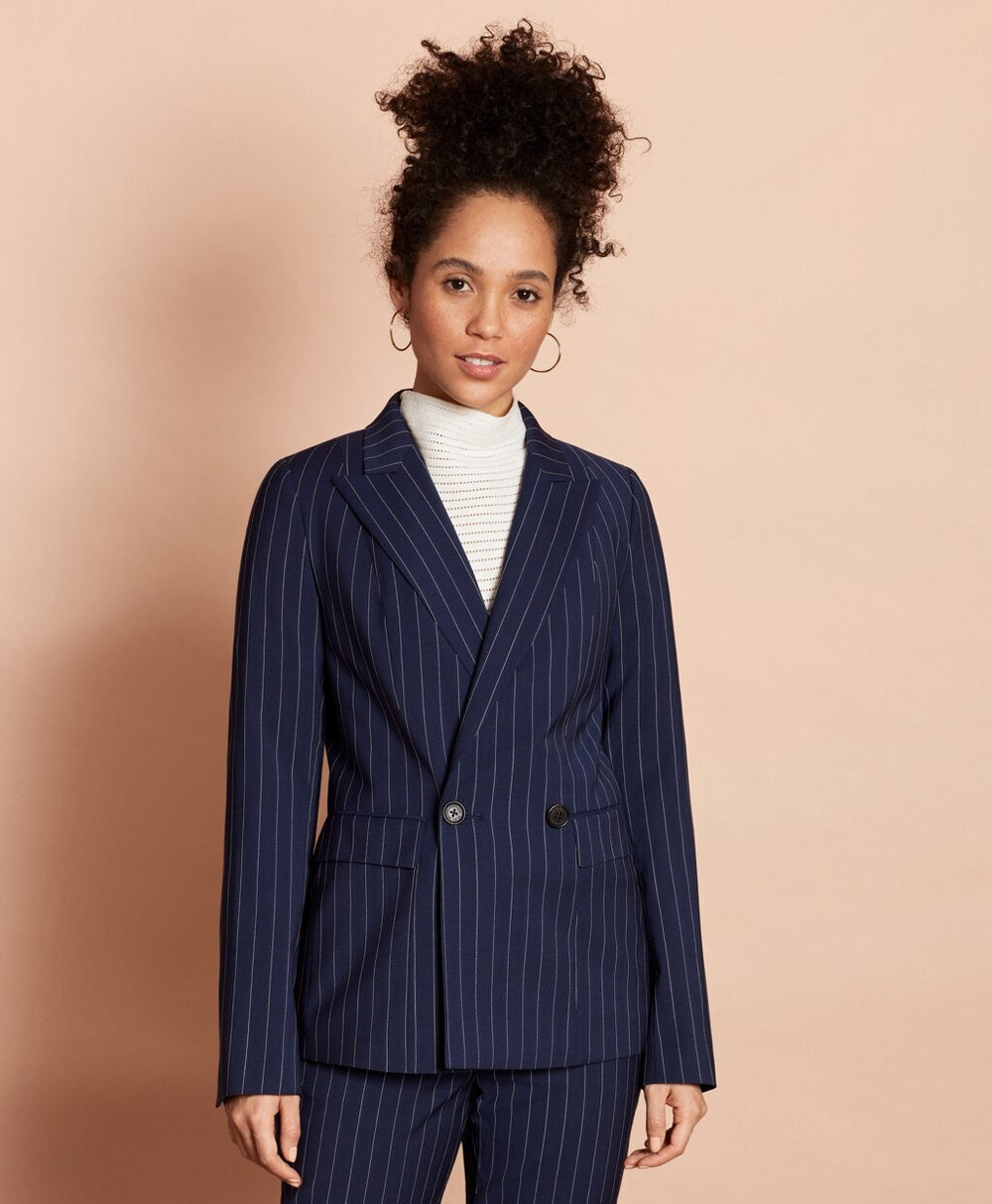 Brooks Brothers Women Striped Stretch-Wool Double-Breasted Jacket