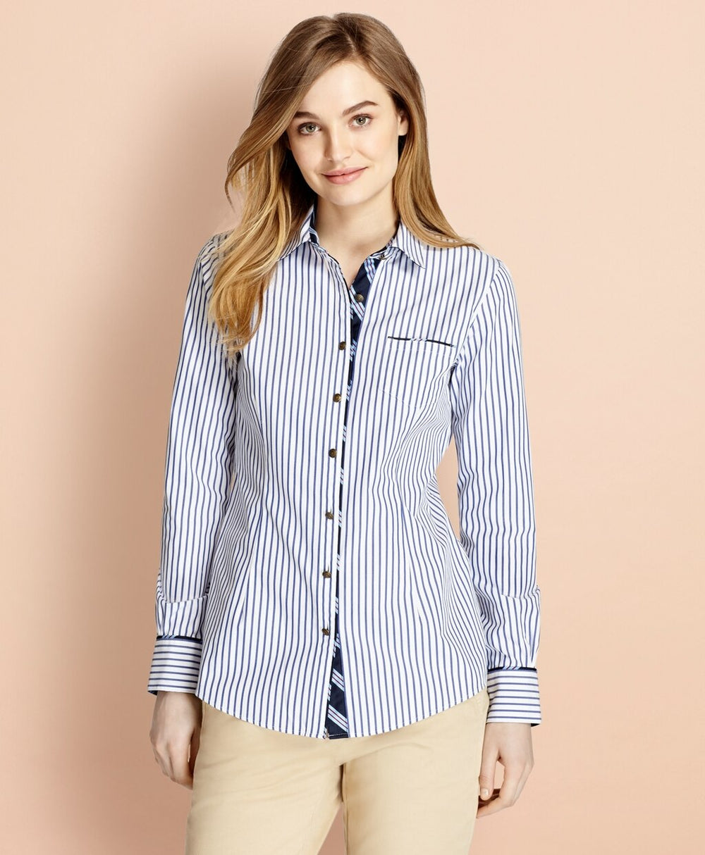 Brooks Brothers Women BB#1-Trimmed Nine-to-Nine Striped Stretch-Cotton Poplin Shirt