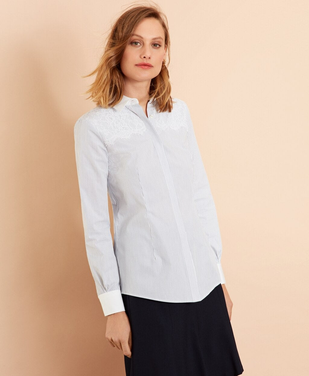 Brooks Brothers Women Lace-Yoke Striped Cotton Poplin Shirt