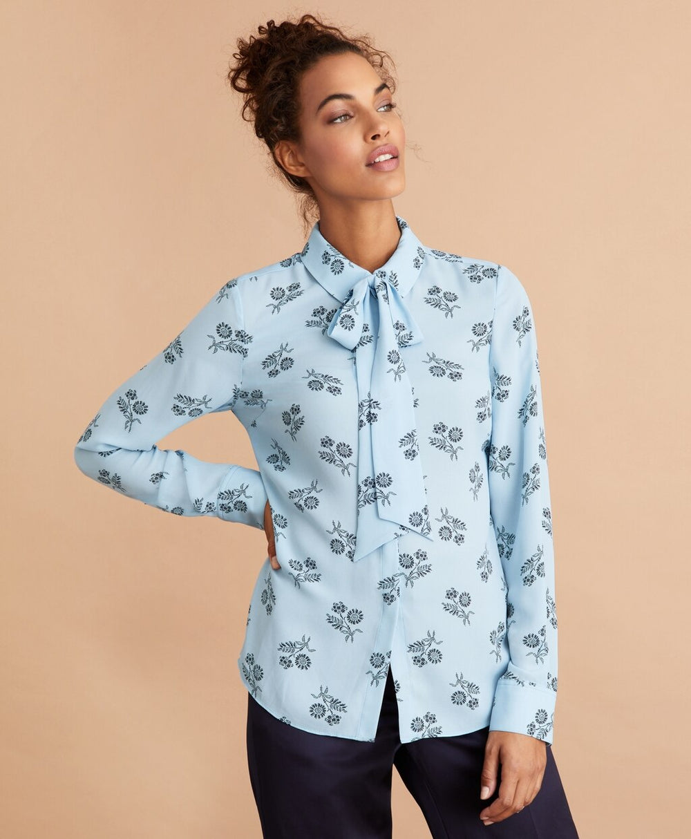 Brooks Brothers Women Floral-Print Bow-Neck Crepe Shirt