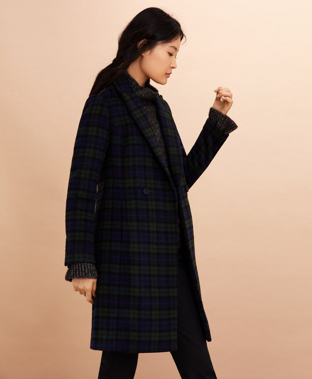 Brooks Brothers Women Black Watch Tartan Wool-Blend Double-Breasted Coat