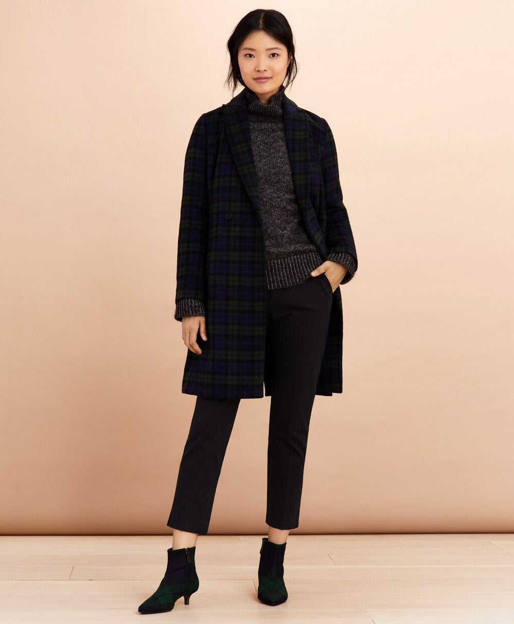 Brooks Brothers Women Black Watch Tartan Wool-Blend Double-Breasted Coat