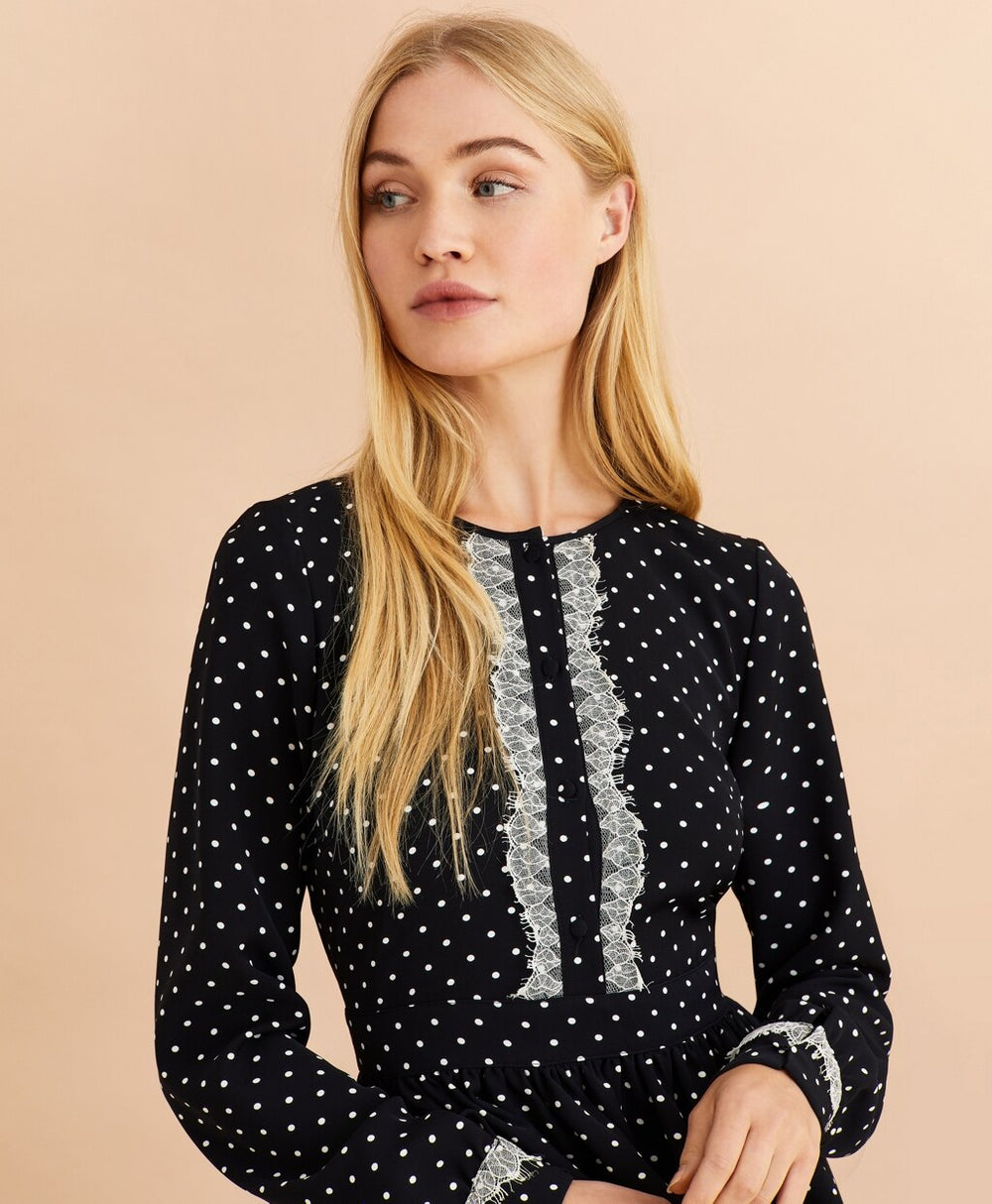 Brooks Brothers Women Lace-Trimmed Polka-Dot Satin Dress