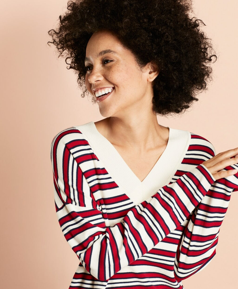 Brooks Brothers Women Striped V-Neck Oversized Sweater