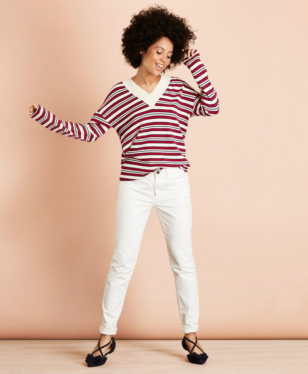 Brooks Brothers Women Striped V-Neck Oversized Sweater