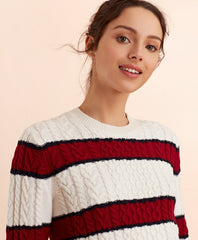 Brooks Brothers Women Striped Wool-Cotton Cable-Knit Sweater