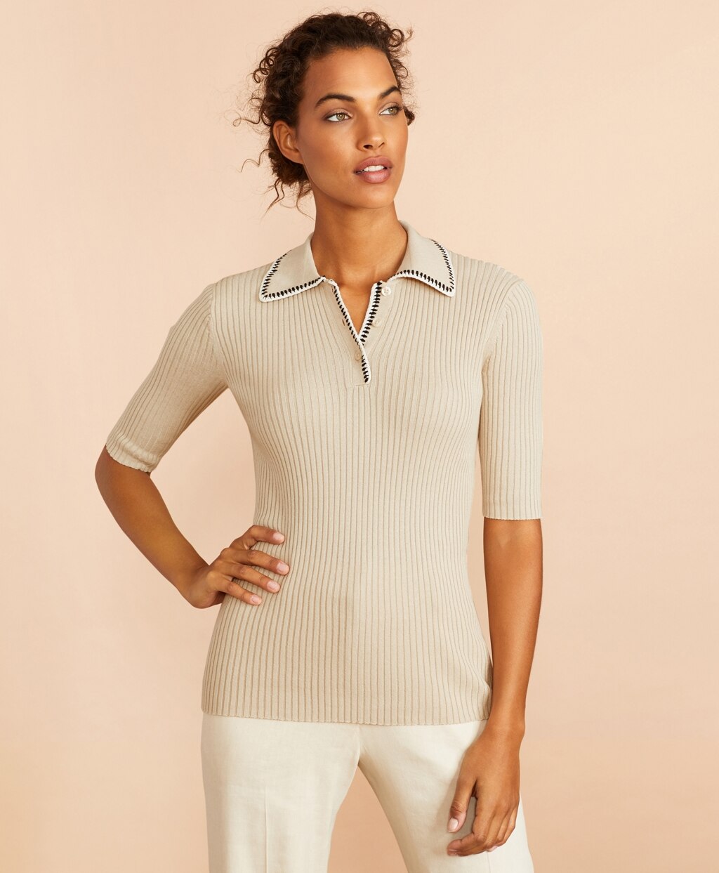 Brooks Brothers Women Rib-Knit Cotton Polo Sweater