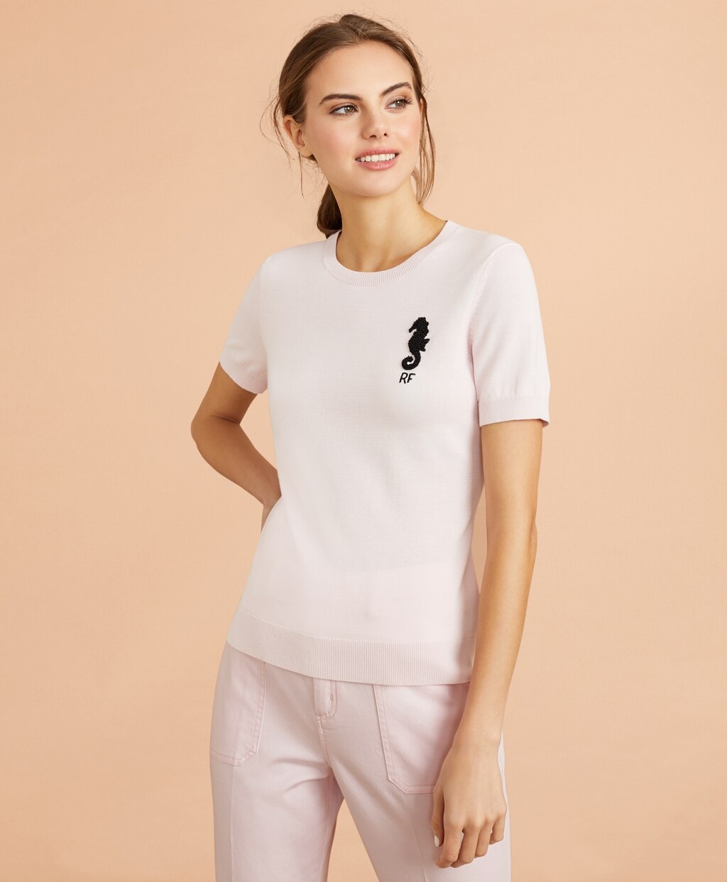 Brooks Brothers Women Beaded Seahorse Short-Sleeve Cotton Sweater